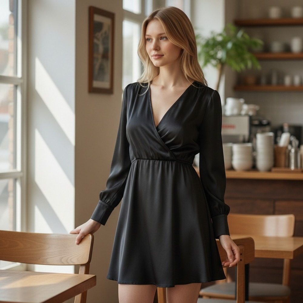 Mango MNG Suit Black Satin Mini Dress Long Sleeve Open Back Wrap V-Neck Size 6 M